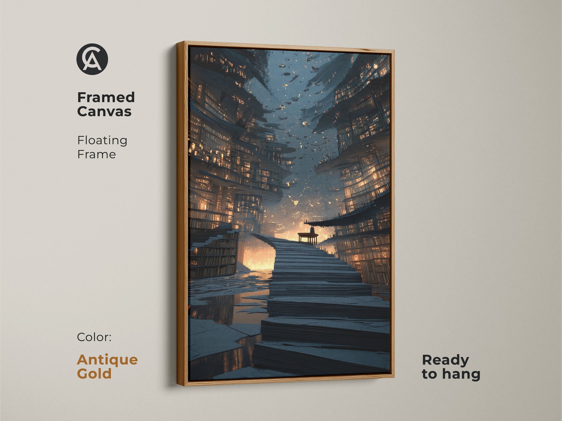 Framed canvas of a futuristic cityscape with a floating antique gold frame. This sci-fi architecture print is perfect for a study room. The bookshelf staircase wall art is a unique home decor print. High detail wall art that is ready to hang.