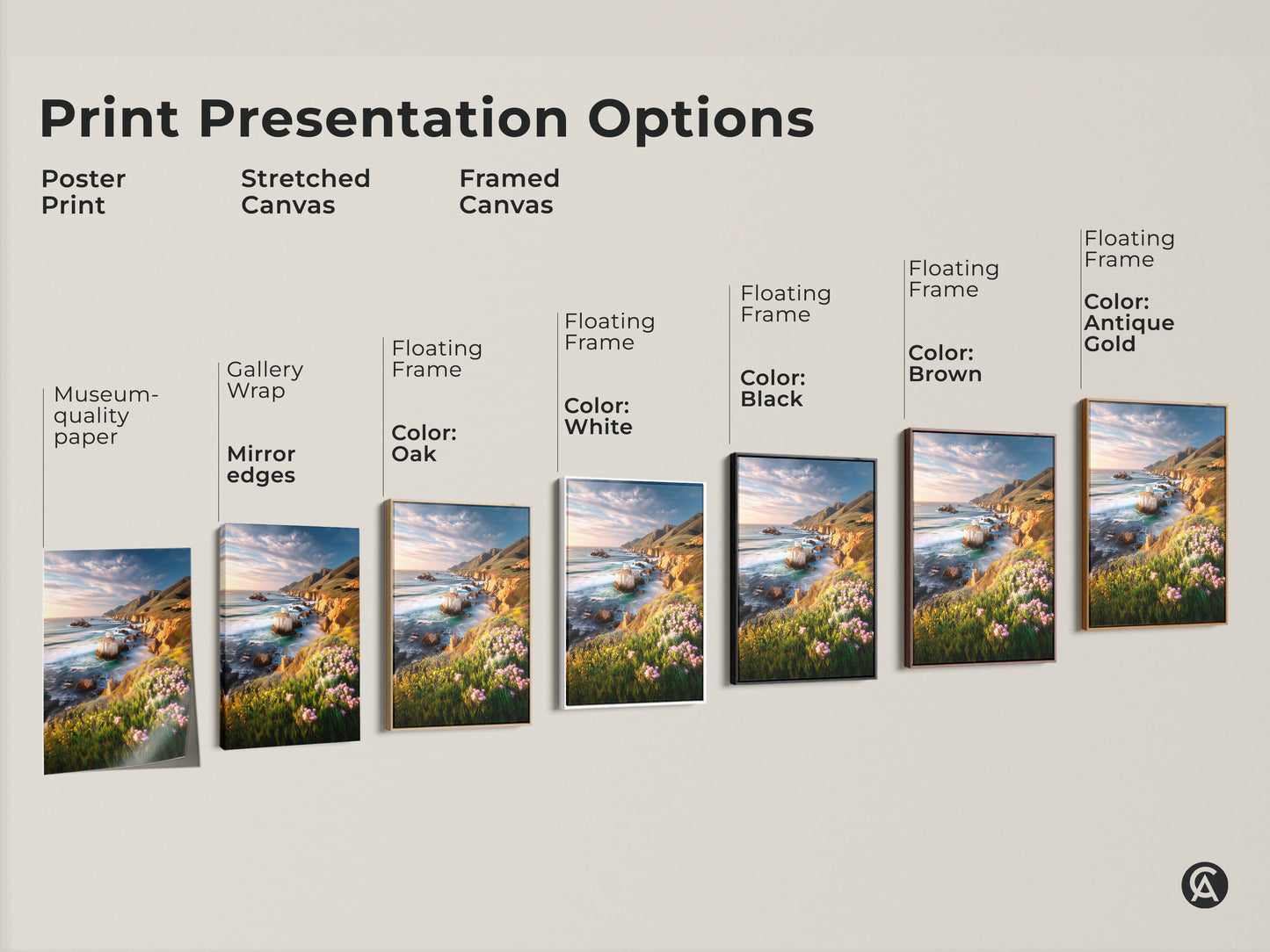 Explore print presentation options for coastal cliff ocean art. Choose from poster print stretched canvas and framed canvas. Each option highlights vibrant wildflowers and scenic ocean views. Find the perfect wall art for your coastal home decor. Museum-quality paper and mirror edges available.