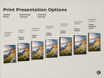 Explore print presentation options for coastal cliff ocean art. Choose from poster print stretched canvas and framed canvas. Each option highlights vibrant wildflowers and scenic ocean views. Find the perfect wall art for your coastal home decor. Museum-quality paper and mirror edges available.