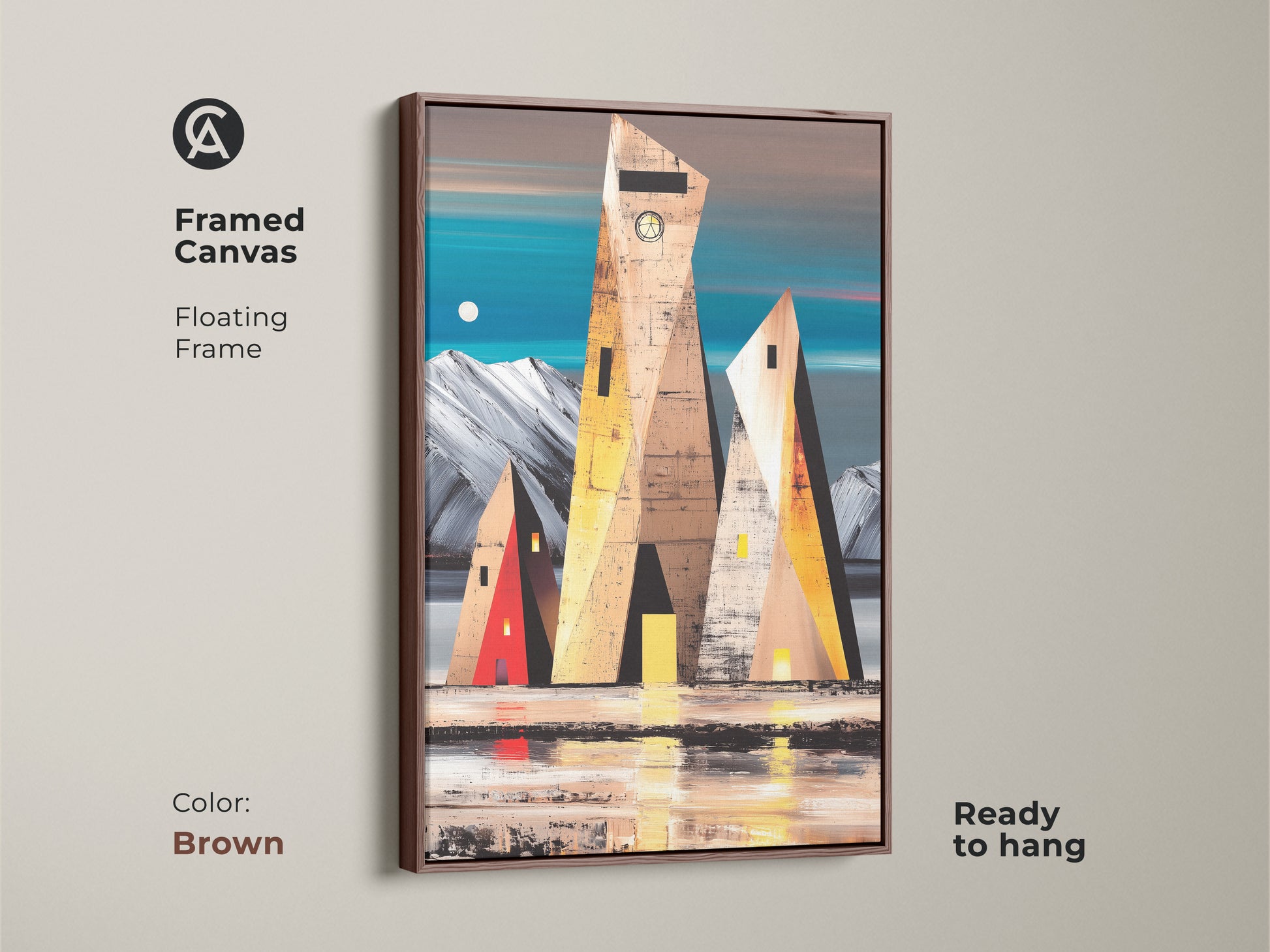 Geometric wall art framed in brown floating canvas. Abstract landscape art with teal brown yellow hues for contemporary decor. Perfect housewarming gift for design enthusiasts seeking unique wall art.