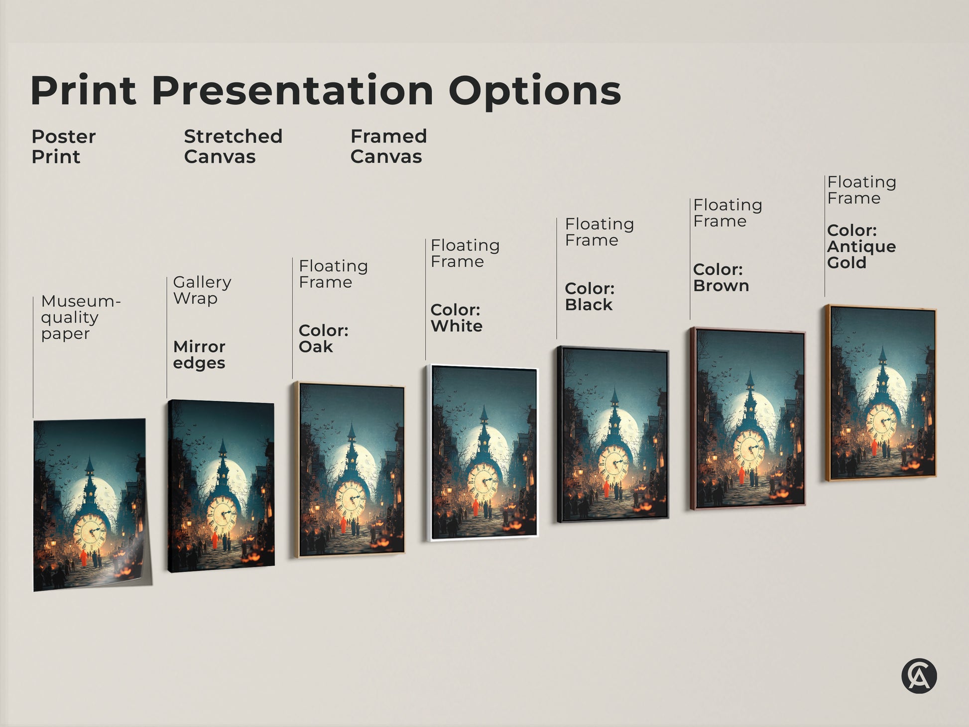 Print presentation options. See the poster print stretched canvas and framed canvas. Floating frames in black brown white oak and antique gold are available. Various museum-quality edges. The gothic clock tower artwork displays well in all formats.
