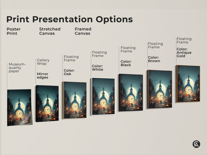 Print presentation options. See the poster print stretched canvas and framed canvas. Floating frames in black brown white oak and antique gold are available. Various museum-quality edges. The gothic clock tower artwork displays well in all formats.