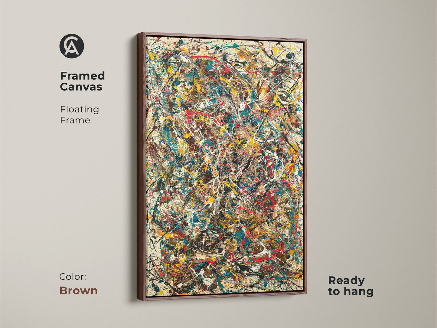 Framed canvas print of abstract artwork. A brown floating frame complements the vibrant colors. This ready-to-hang piece brings a touch of modern art to your space. Ideal for contemporary homes.