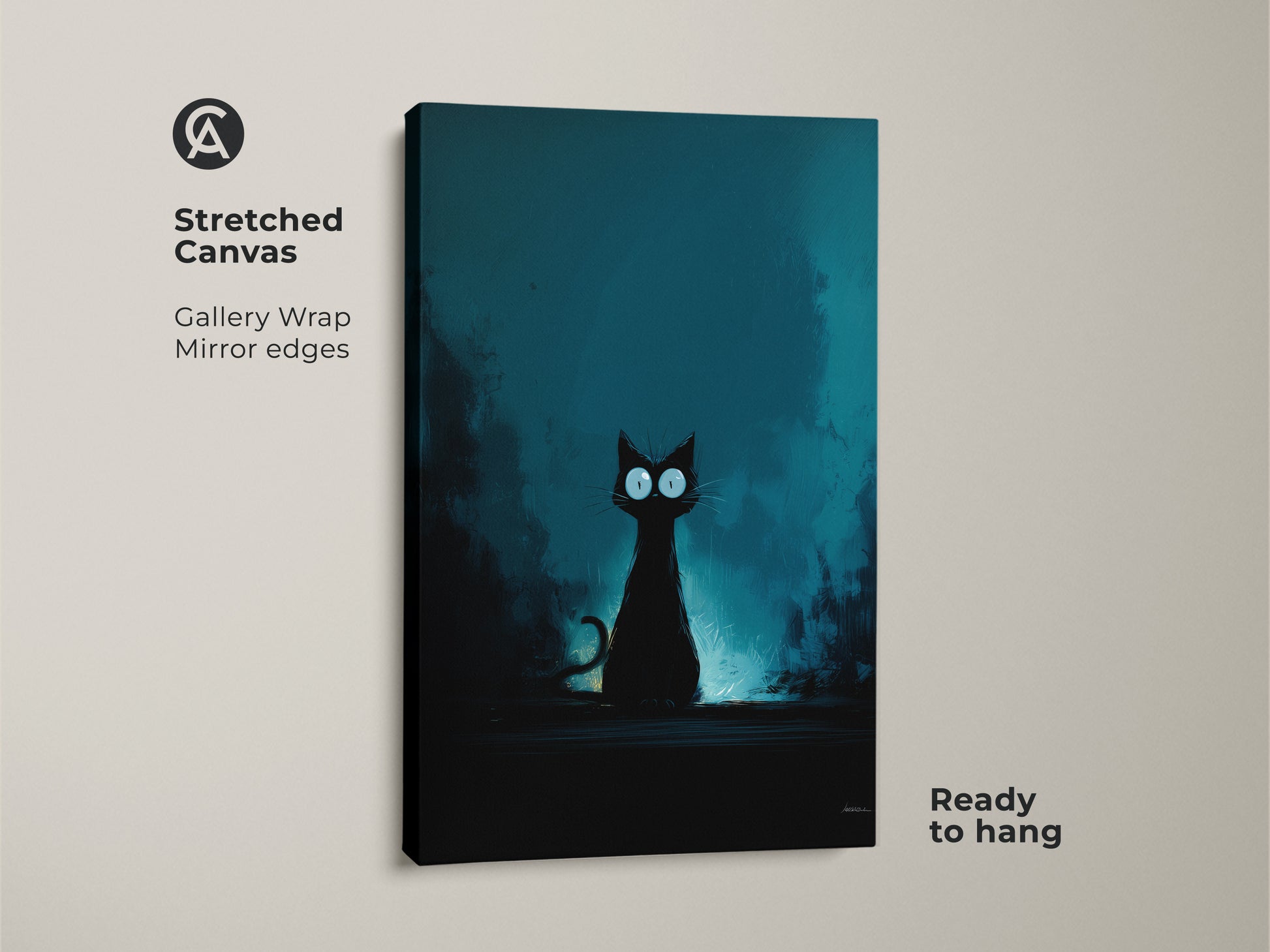 A stretched canvas print of a black cat with big eyes. This dark fantasy cat art has a teal blue background. Ready to hang this feline artwork is perfect for cat lovers. Eclectic and unique wall hanging for a spooky home decor art.