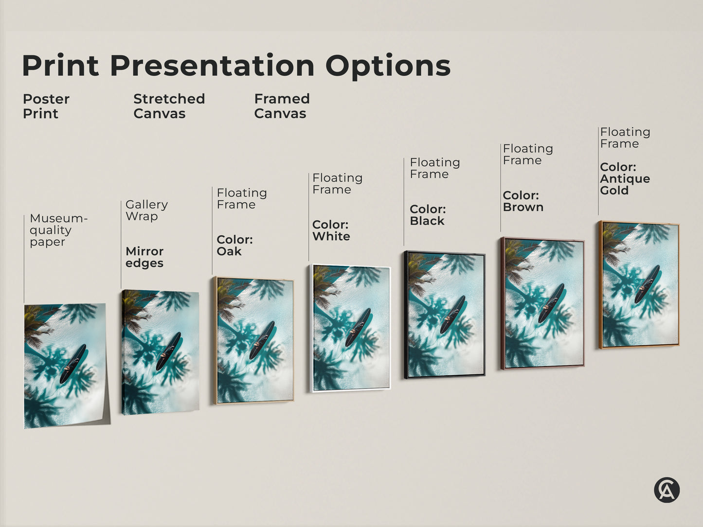 Explore our print presentation options for coastal artwork. Choose from poster prints stretched canvas or framed canvas. Each option enhances the serene artwork featuring a person on a surfboard surrounded by clear water. Palm shadows add a tropical vibe to any room.