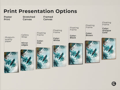 Explore our print presentation options for coastal artwork. Choose from poster prints stretched canvas or framed canvas. Each option enhances the serene artwork featuring a person on a surfboard surrounded by clear water. Palm shadows add a tropical vibe to any room.