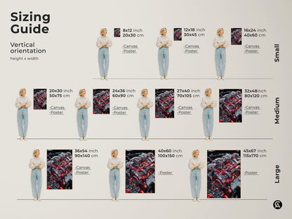 Vertical sizing guide for mechanical engine artwork. Visualize the perfect fit for any space. Choose from canvas or poster prints in various sizes. From small 8x12 to large 45x67 inch art. Find ideal industrial garage decor. High-detail automotive engineering art.