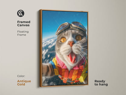 Framed canvas art of a skydiving cat. This floating frame is antique gold and ready to hang. The cat art brings character to your space. The unique wall art is perfect for cat enthusiasts. A funny animal art.