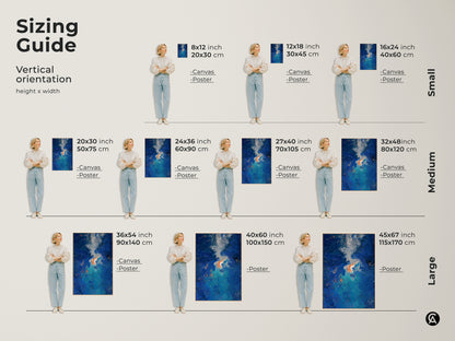Sizing guide for vertical navy blue teal abstract artwork. See how 8x12 to 45x67 inch canvas and poster prints look in a room. Find the perfect size for your bedroom wall decor or living room canvas art.