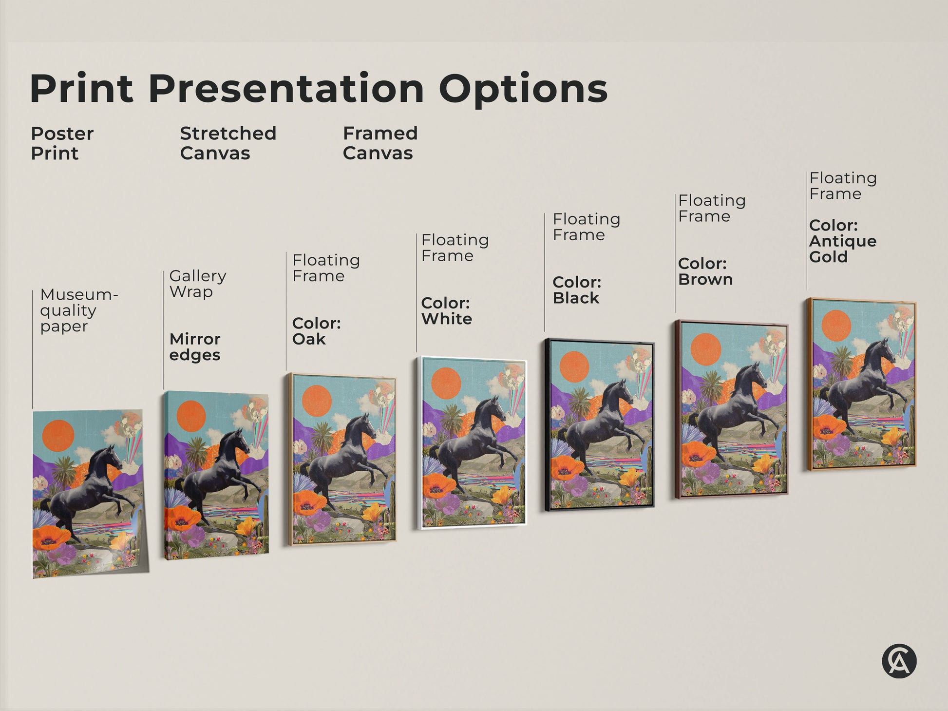 Explore print presentation options for this surreal horse collage art. Choose from poster prints stretched canvas and framed canvas. Each offers museum quality edges and floating frame color options.