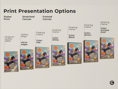 Explore print presentation options for this surreal horse collage art. Choose from poster prints stretched canvas and framed canvas. Each offers museum quality edges and floating frame color options.