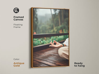 Framed Canvas artwork showcasing a meditation pose with an antique gold floating frame. This nature-inspired artwork brings a sense of calm and wellness. Ready to hang and perfect for creating a zen meditation space. A thoughtful gift.