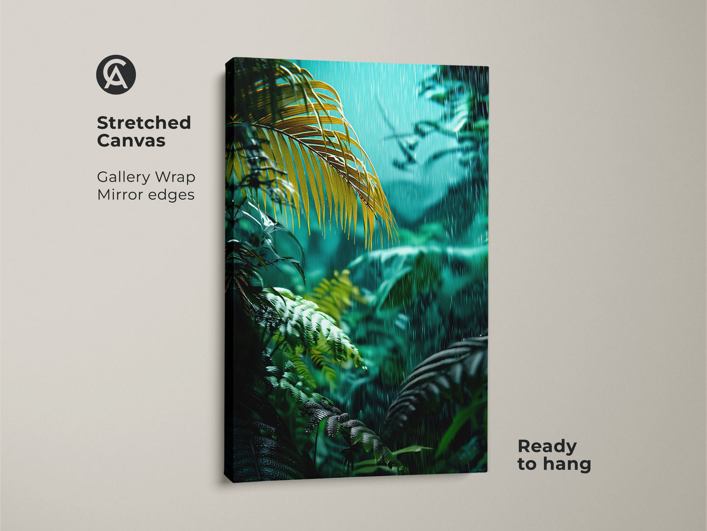 Stretched canvas print of lush tropical leaves. This emerald rainforest canvas art brings the tranquility of nature indoors. Featuring a gallery wrap and mirror edges it is ready to hang. The botanical fern wall art adds an organic modern touch to any room.