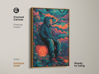 Framed canvas art displaying a hooded figure sitting on a jack-o'-lantern. The antique gold floating frame complements the Halloween theme. This ready-to-hang artwork adds artistic flair to your space. It creates a spooky ambiance.
