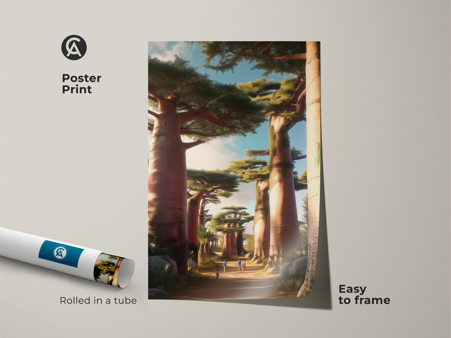 Poster print of an African landscape with realistic baobab trees. This travel themed home decor is rolled in a tube and easy to frame. The warm ochre sky blue art brings a serene feel. Perfect nature lovers wall art with adventurous spirit.