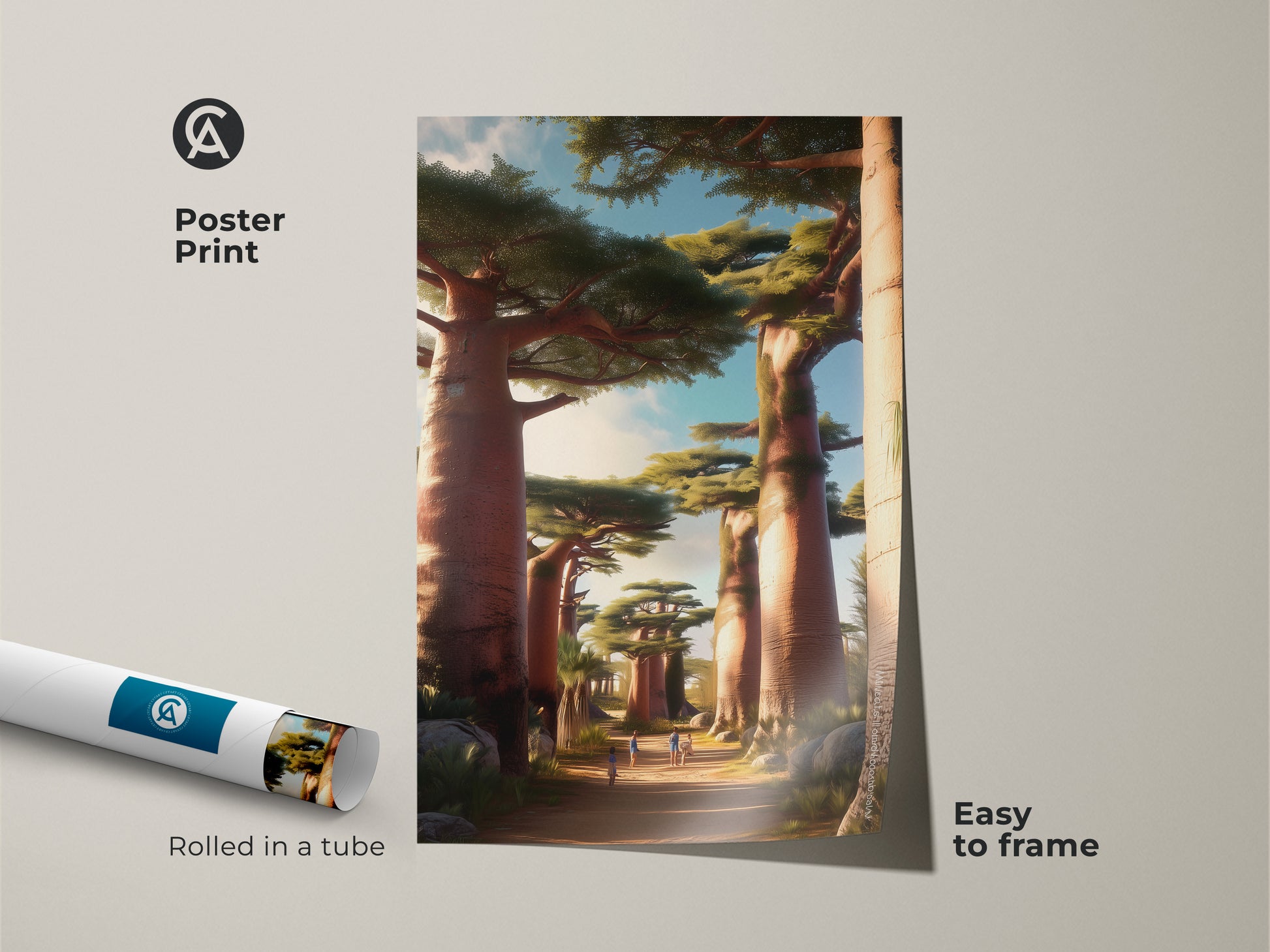 Poster print of an African landscape with realistic baobab trees. This travel themed home decor is rolled in a tube and easy to frame. The warm ochre sky blue art brings a serene feel. Perfect nature lovers wall art with adventurous spirit.