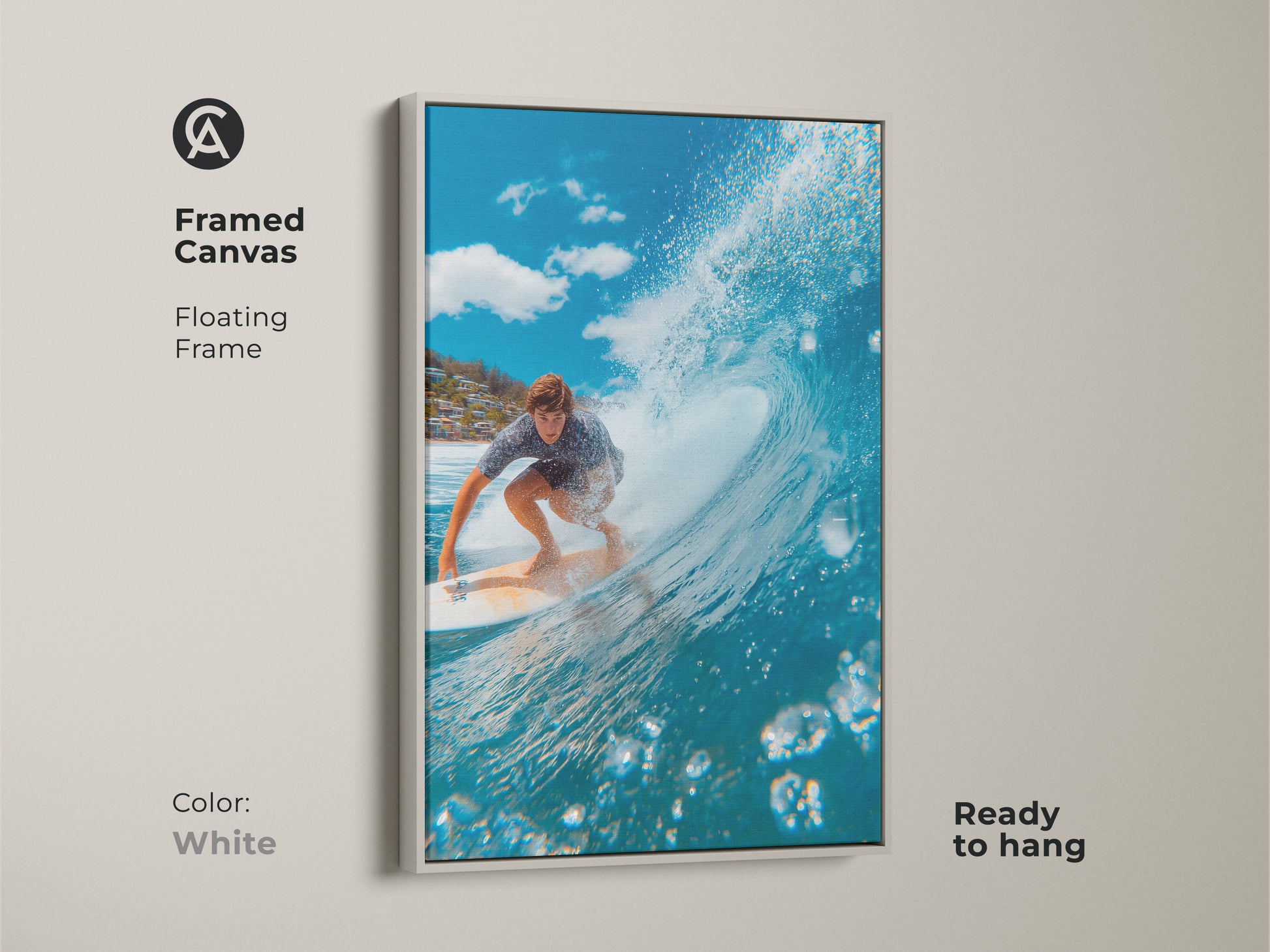 Framed canvas art of a surfer riding a wave. The floating frame is white. This surfing artwork is ready to hang. The blue ocean wave is barreling. Shop now for unique surf art prints