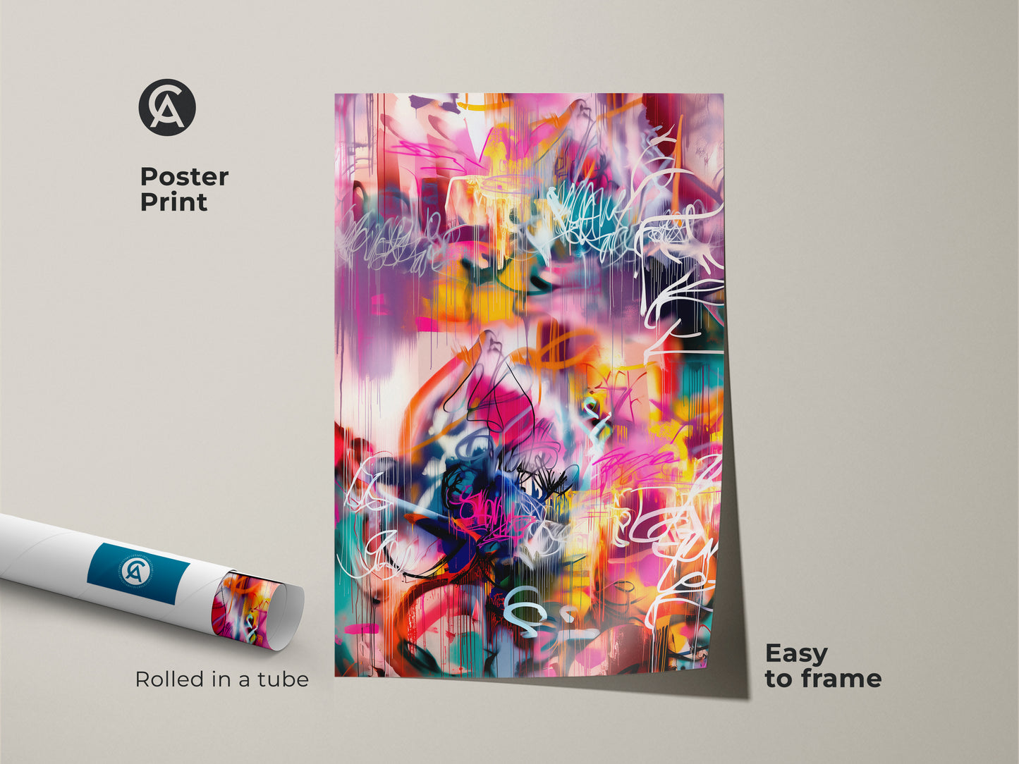 Poster print of an abstract painting rolled in a tube. The artwork boasts a colorful array of pink yellow teal and white hues. This contemporary art print is easy to frame. A stylish addition to any room ready for framing.