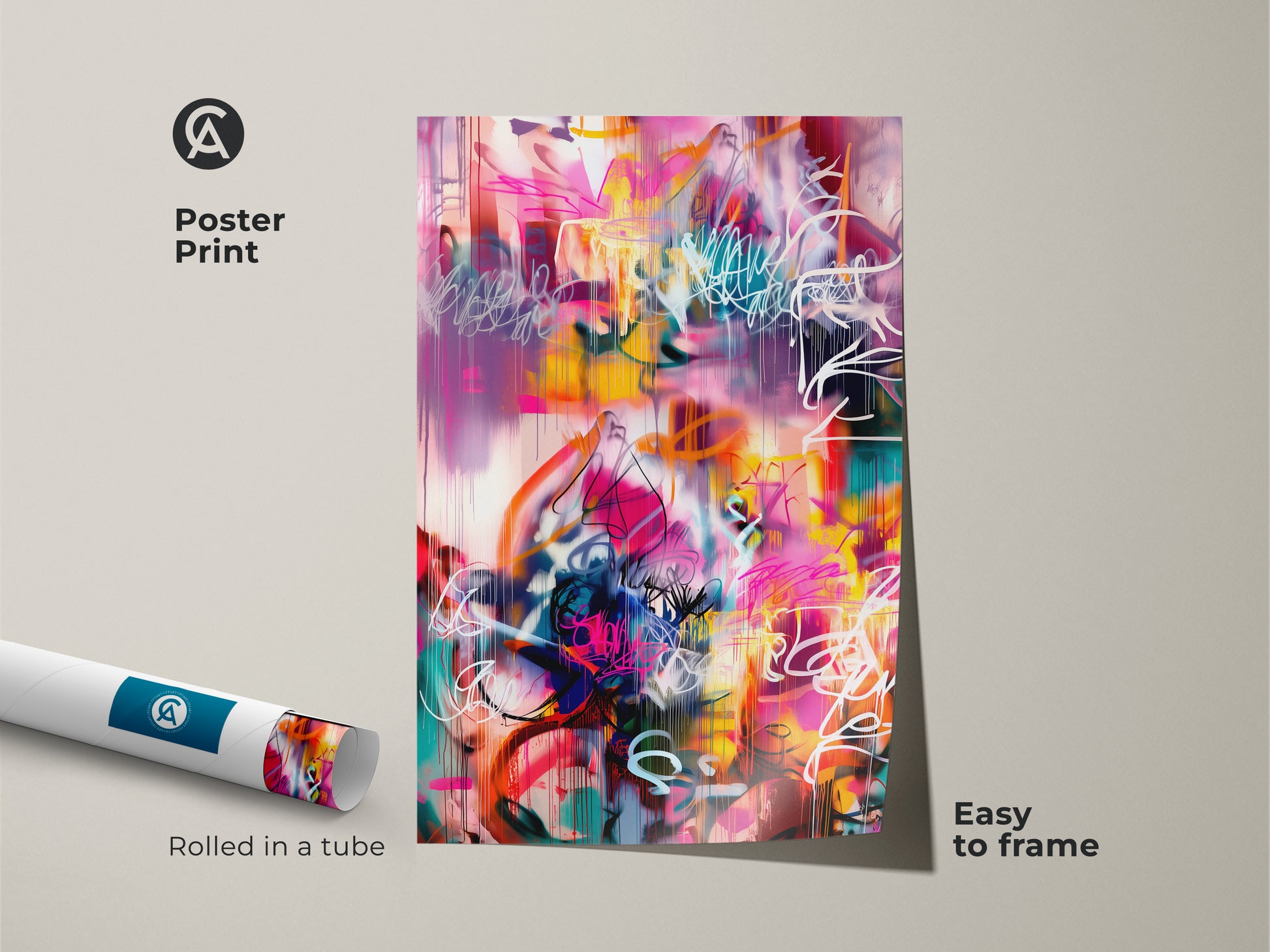 Poster print of an abstract painting rolled in a tube. The artwork boasts a colorful array of pink yellow teal and white hues. This contemporary art print is easy to frame. A stylish addition to any room ready for framing.