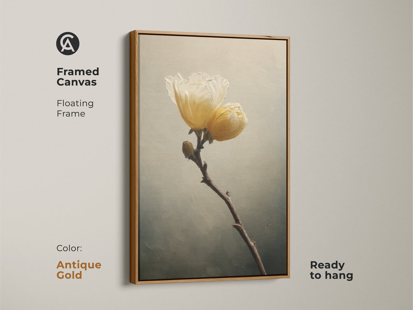 Framed canvas with floating antique gold frame. Showcases a minimalist floral print. Ready to hang this cream yellow flower art. This botanical artwork enhances modern farmhouse decor.