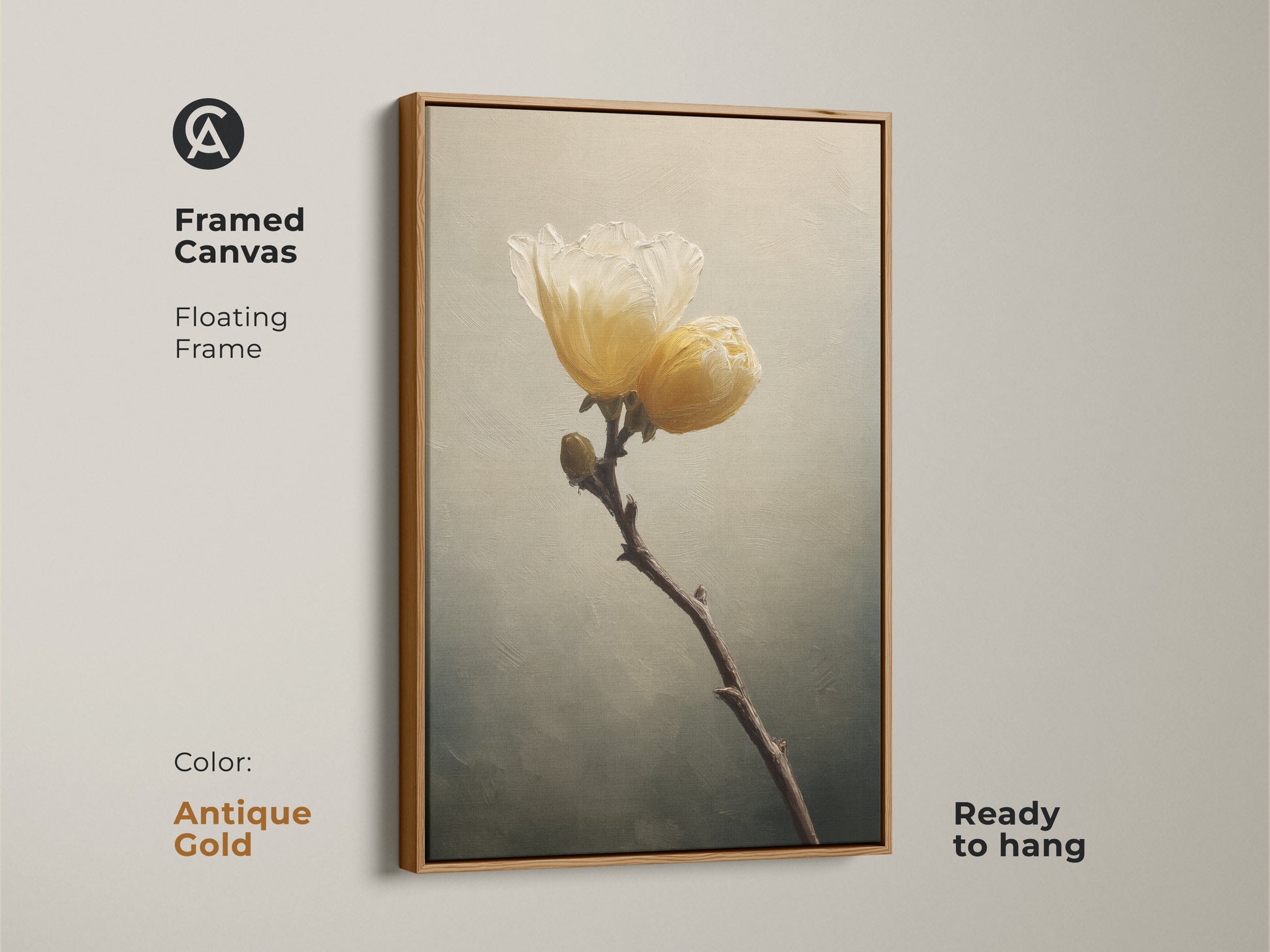 Framed canvas with floating antique gold frame. Showcases a minimalist floral print. Ready to hang this cream yellow flower art. This botanical artwork enhances modern farmhouse decor.