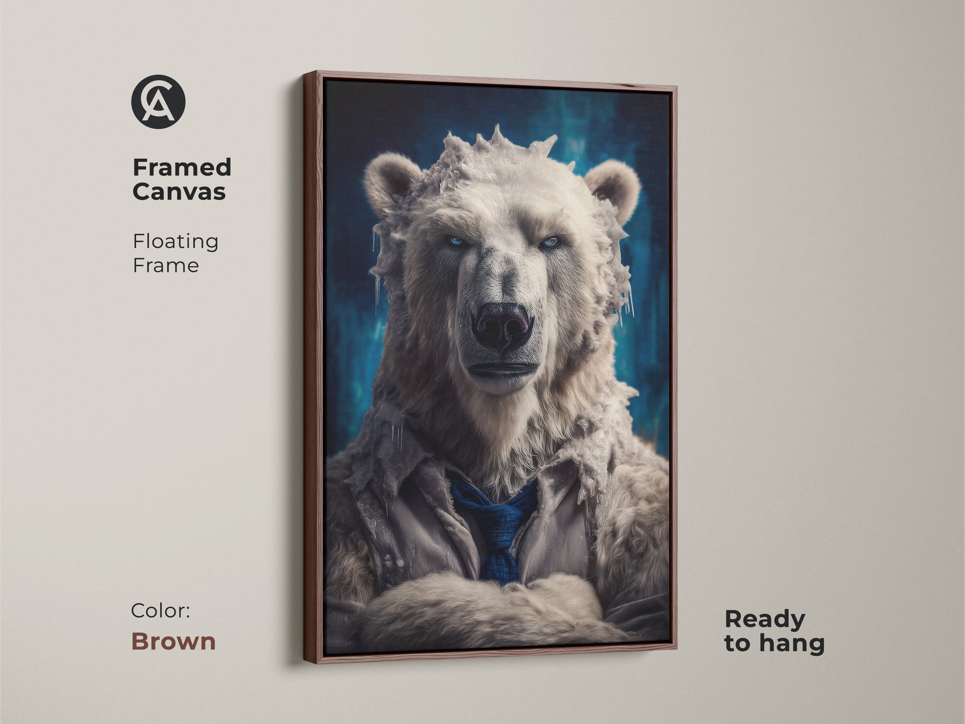 This framed canvas features a surreal polar bear. The dark blue wildlife portrait floats within a brown frame. This ready to hang eclectic animal artwork is the perfect unique office decor. Surprise animal lovers with this cool animal artwork.