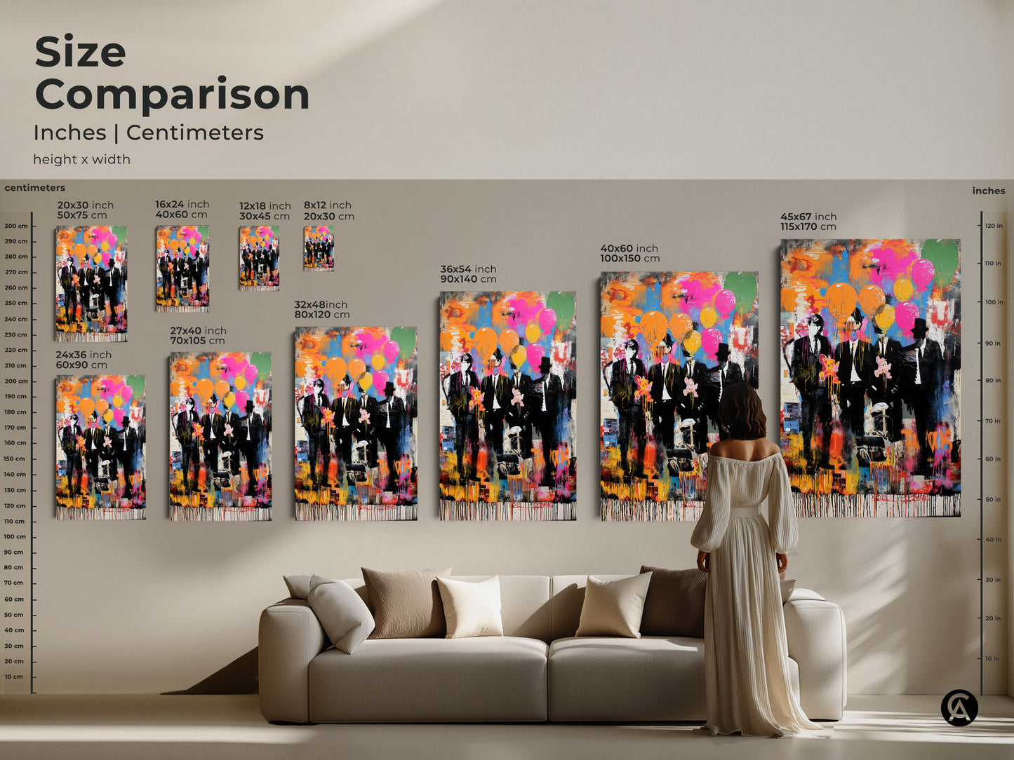 Size comparison of graffiti style men in suits artwork. Visualize the abstract balloon print in inches and centimeters. See how the sizes range from 20x30 cm to 115x170 cm. This pop culture wall decor fits any room. Transform your space with eclectic art.