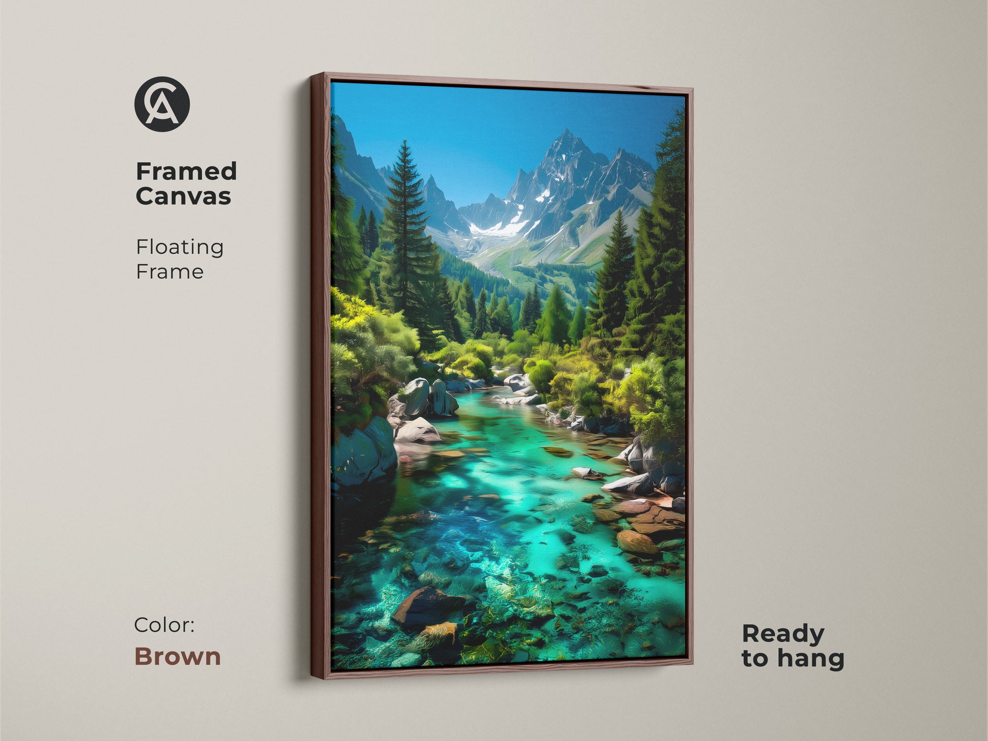 Framed canvas with a photorealistic mountain river. The brown floating frame enhances the turquoise landscape art. This emerald green canvas print is ready to hang. Ideal nature wall decor for any room. An excellent housewarming present for outdoor enthusiasts. The alpine scenery artwork brings a touch of nature indoors.