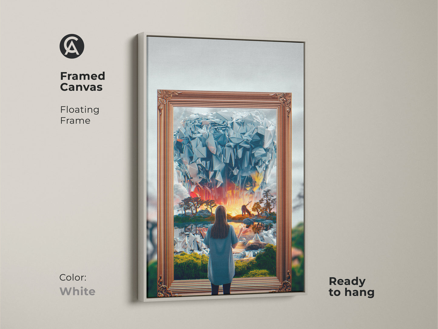Framed Canvas Fantasy Art in White. This surreal dreamscape shows a woman gazing into an abstract crystal world. Blue orange yellow colors create a vibrant piece. A unique home decor gift for eclectic bedroom styles. Ready to hang and enjoy.
