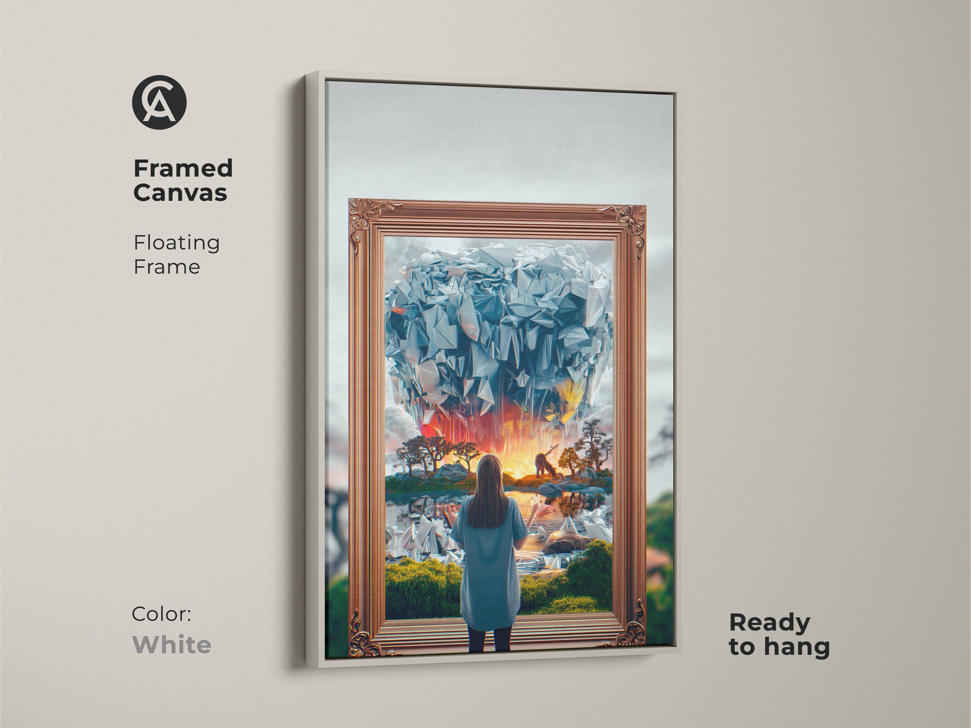 Framed Canvas Fantasy Art in White. This surreal dreamscape shows a woman gazing into an abstract crystal world. Blue orange yellow colors create a vibrant piece. A unique home decor gift for eclectic bedroom styles. Ready to hang and enjoy.