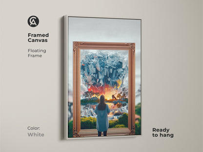 Framed Canvas Fantasy Art in White. This surreal dreamscape shows a woman gazing into an abstract crystal world. Blue orange yellow colors create a vibrant piece. A unique home decor gift for eclectic bedroom styles. Ready to hang and enjoy.