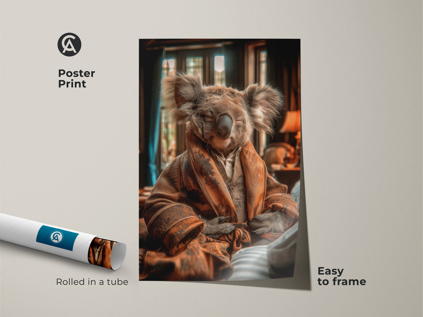 Poster print featuring a koala wearing a robe. This unique anthropomorphic art is easy to frame. The photorealistic animal wall art has an autumn color palette. It is the perfect unique wall hanging gift