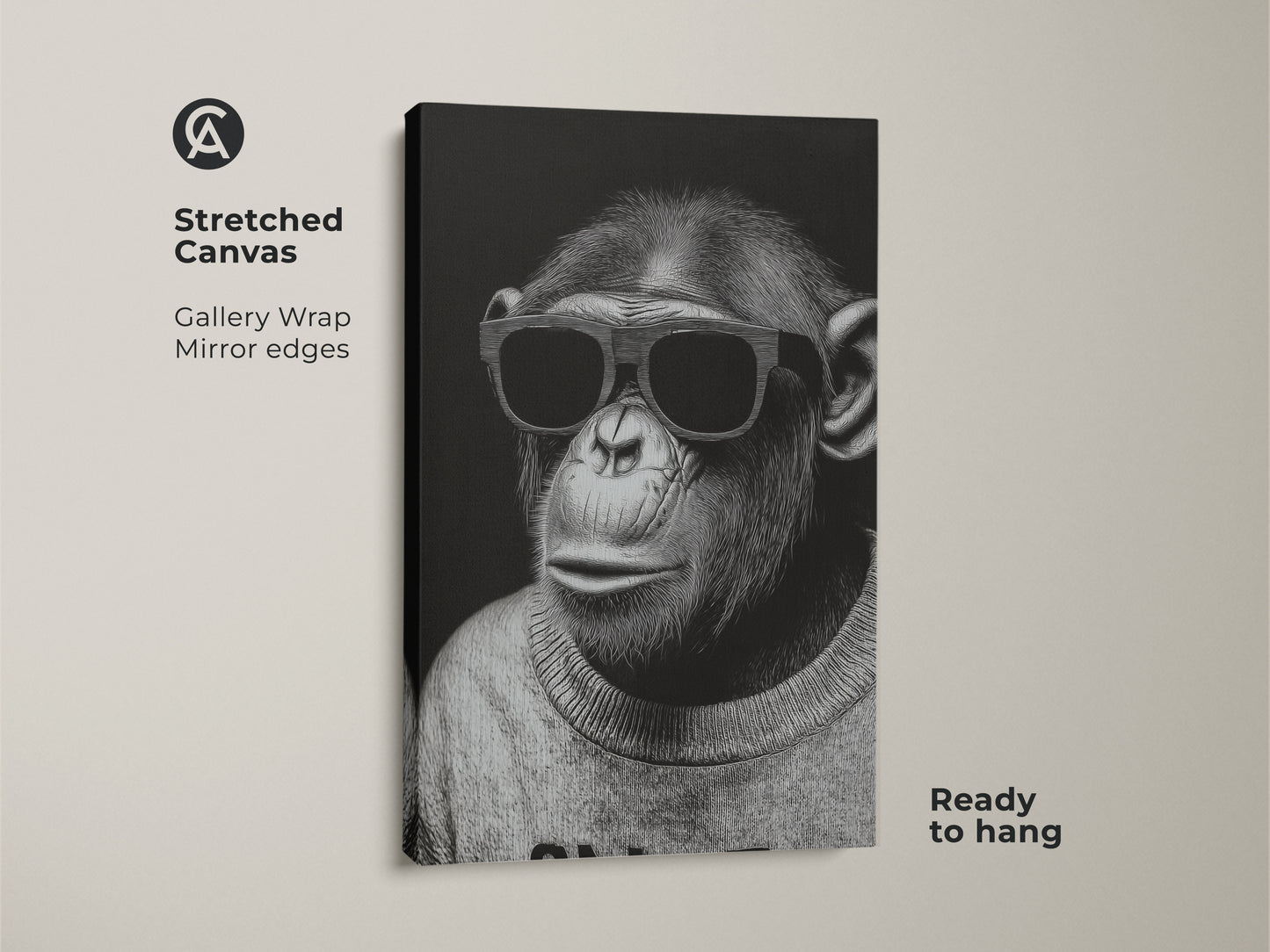 Stretched canvas featuring a chimpanzee with sunglasses. The minimalist line art is gallery wrapped with mirrored edges. This monochrome animal portrait is ready to hang. The contemporary animal art adds a touch of cool sophistication. Perfect wall decor for home or workplace.