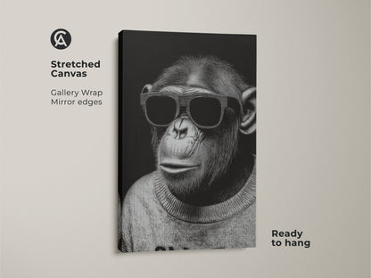 Stretched canvas featuring a chimpanzee with sunglasses. The minimalist line art is gallery wrapped with mirrored edges. This monochrome animal portrait is ready to hang. The contemporary animal art adds a touch of cool sophistication. Perfect wall decor for home or workplace.