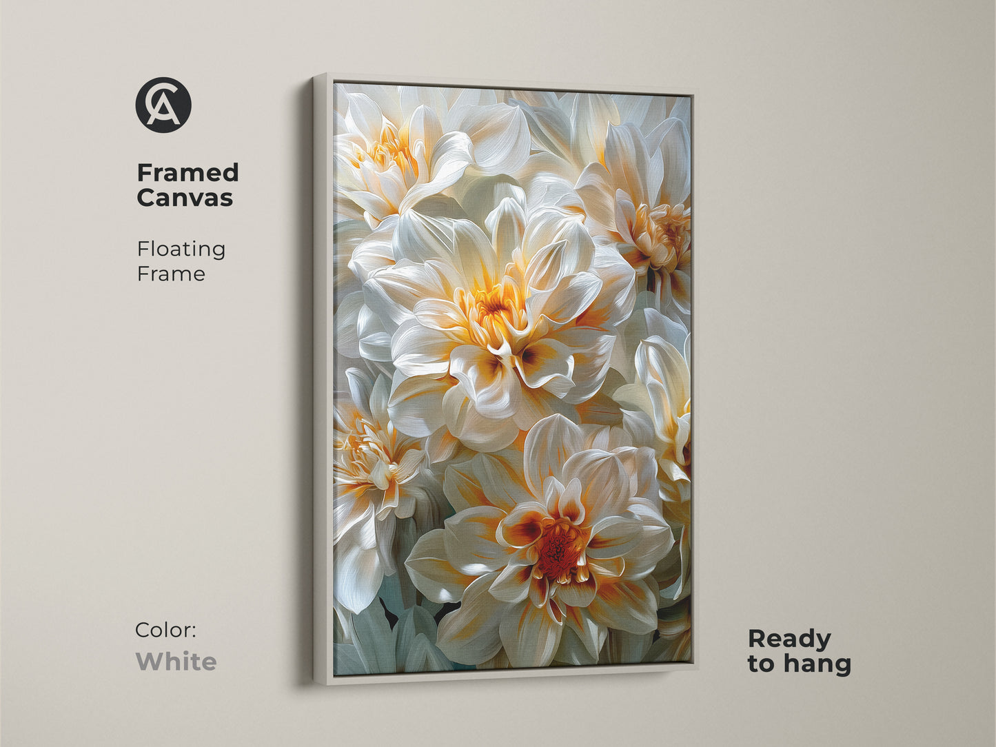 Framed canvas art featuring white and orange dahlia flowers. The frame is white and it has a floating style. The canvas is ready to hang. This framed floral art complements any interior style with its clean and modern look. The artwork is perfect for any space.