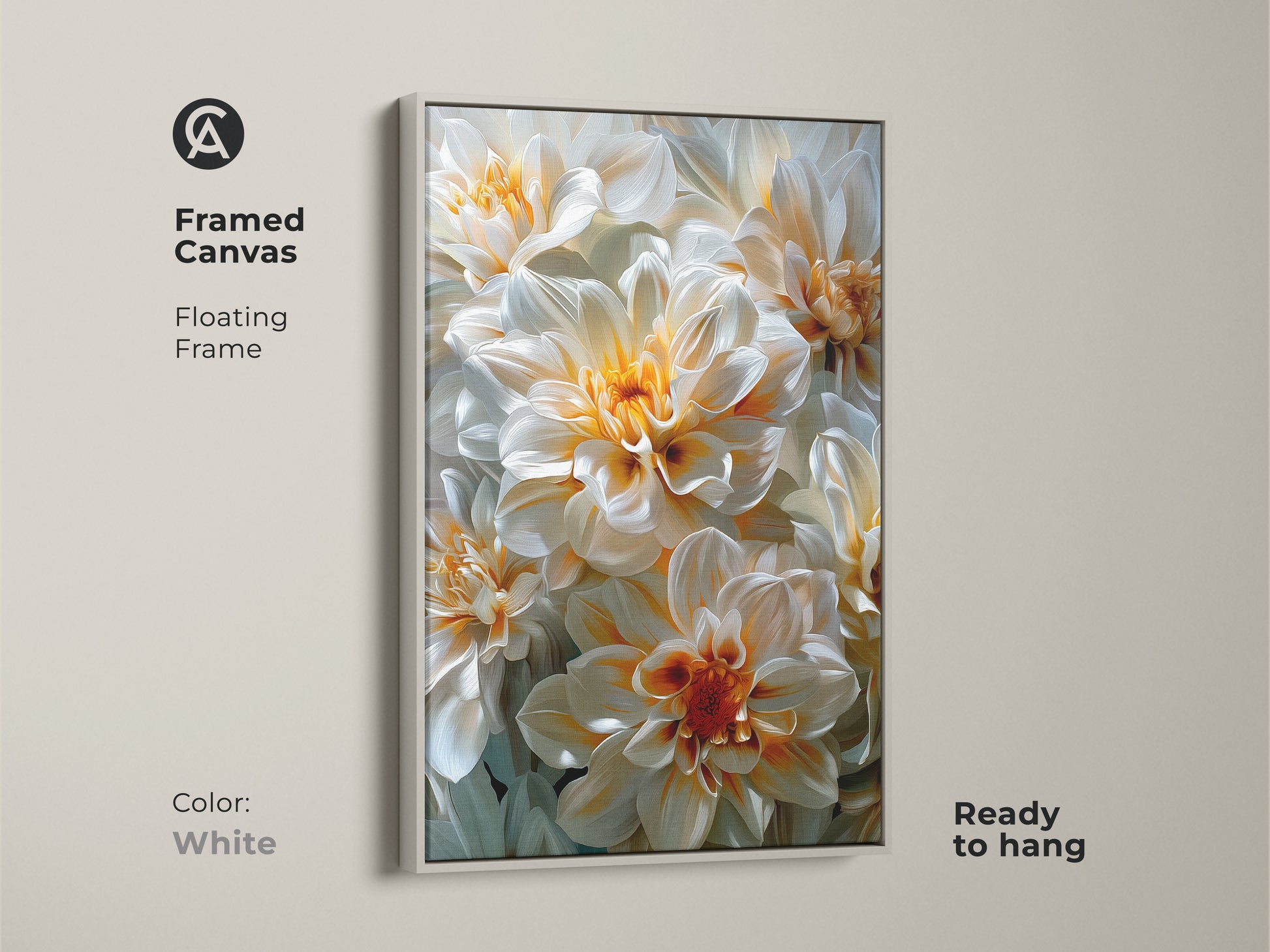 Framed canvas art featuring white and orange dahlia flowers. The frame is white and it has a floating style. The canvas is ready to hang. This framed floral art complements any interior style with its clean and modern look. The artwork is perfect for any space.