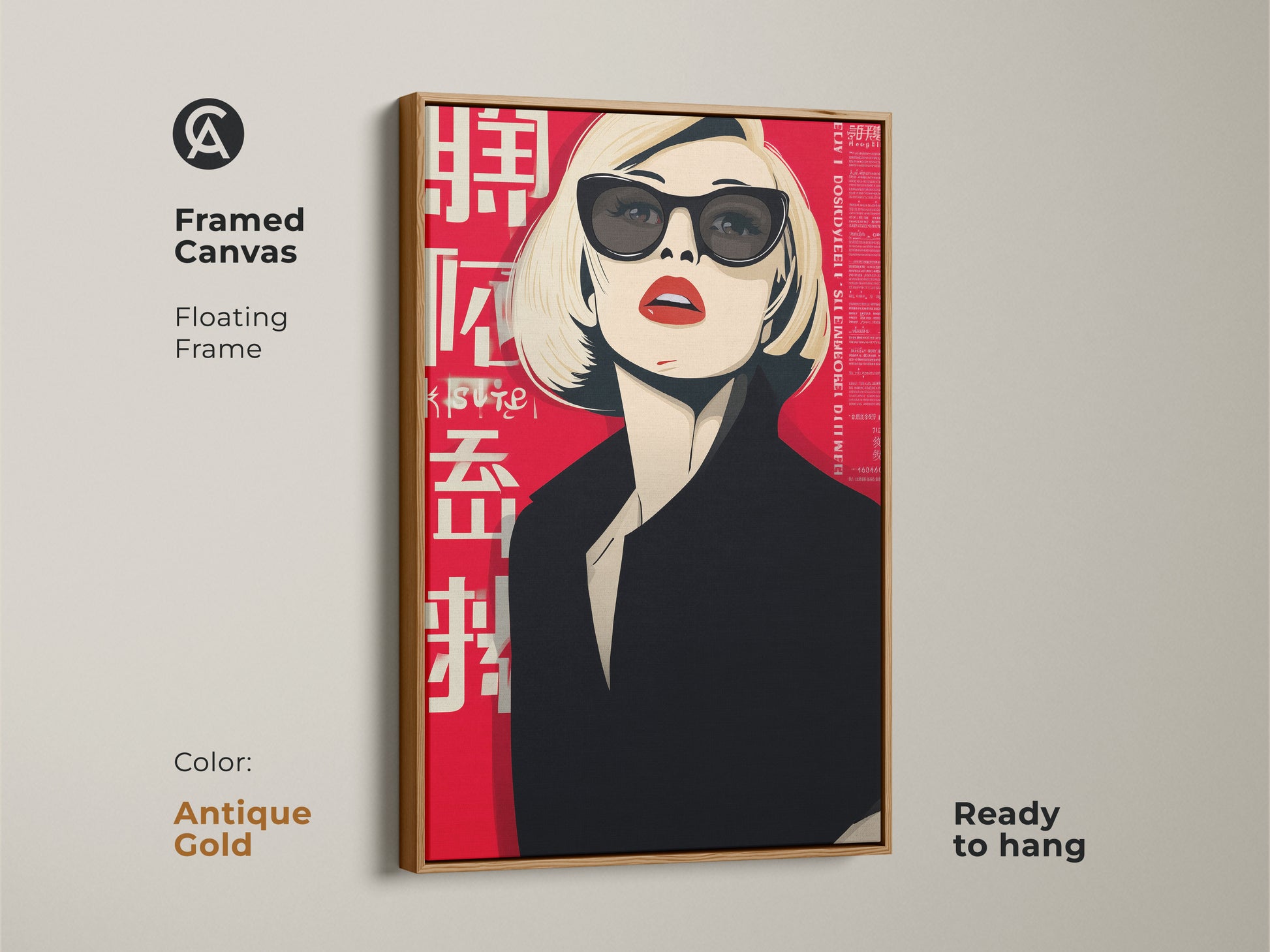 This is a framed canvas of a pop art woman. The antique gold floating frame adds elegance to the retro fashion portrait. It is a red sunglasses wall art piece ready to hang. Elevate your home decor.