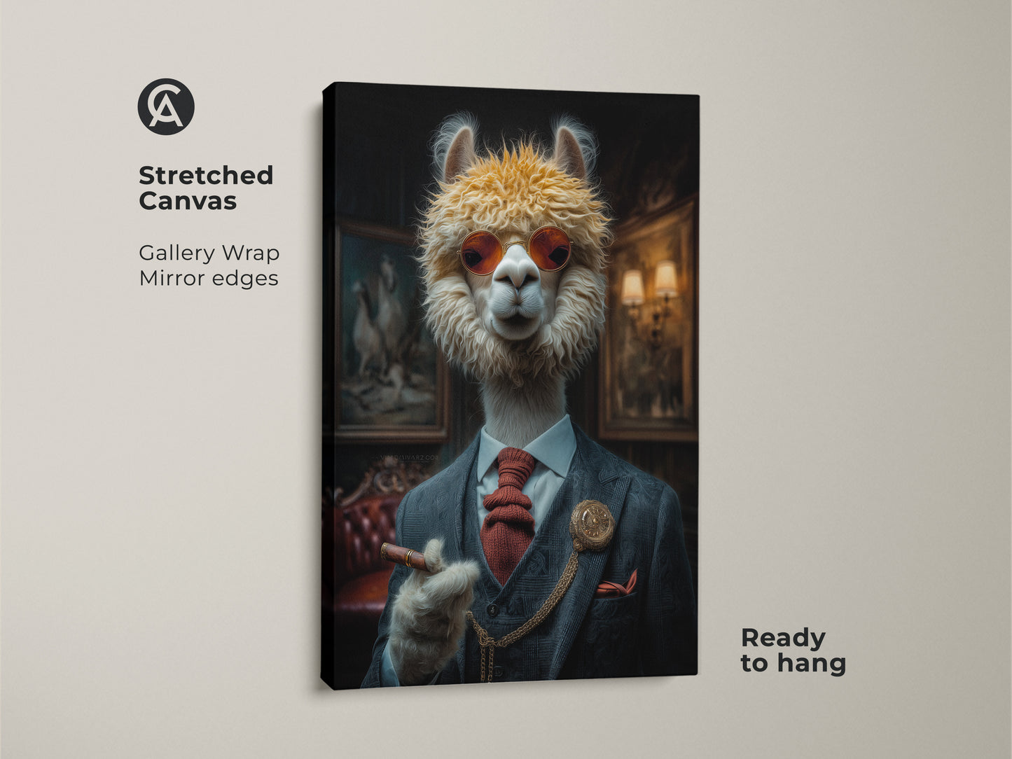 Stretched canvas art featuring a distinguished alpaca. He is dressed in a suit smoking a cigar. Ready to hang with gallery wrapped edges. It adds character to any room.