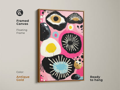 Framed canvas with an antique gold frame displaying modern pop art canvas. The eclectic abstract geometric art is ready to hang. Perfect as a unique wall hanging decor piece.