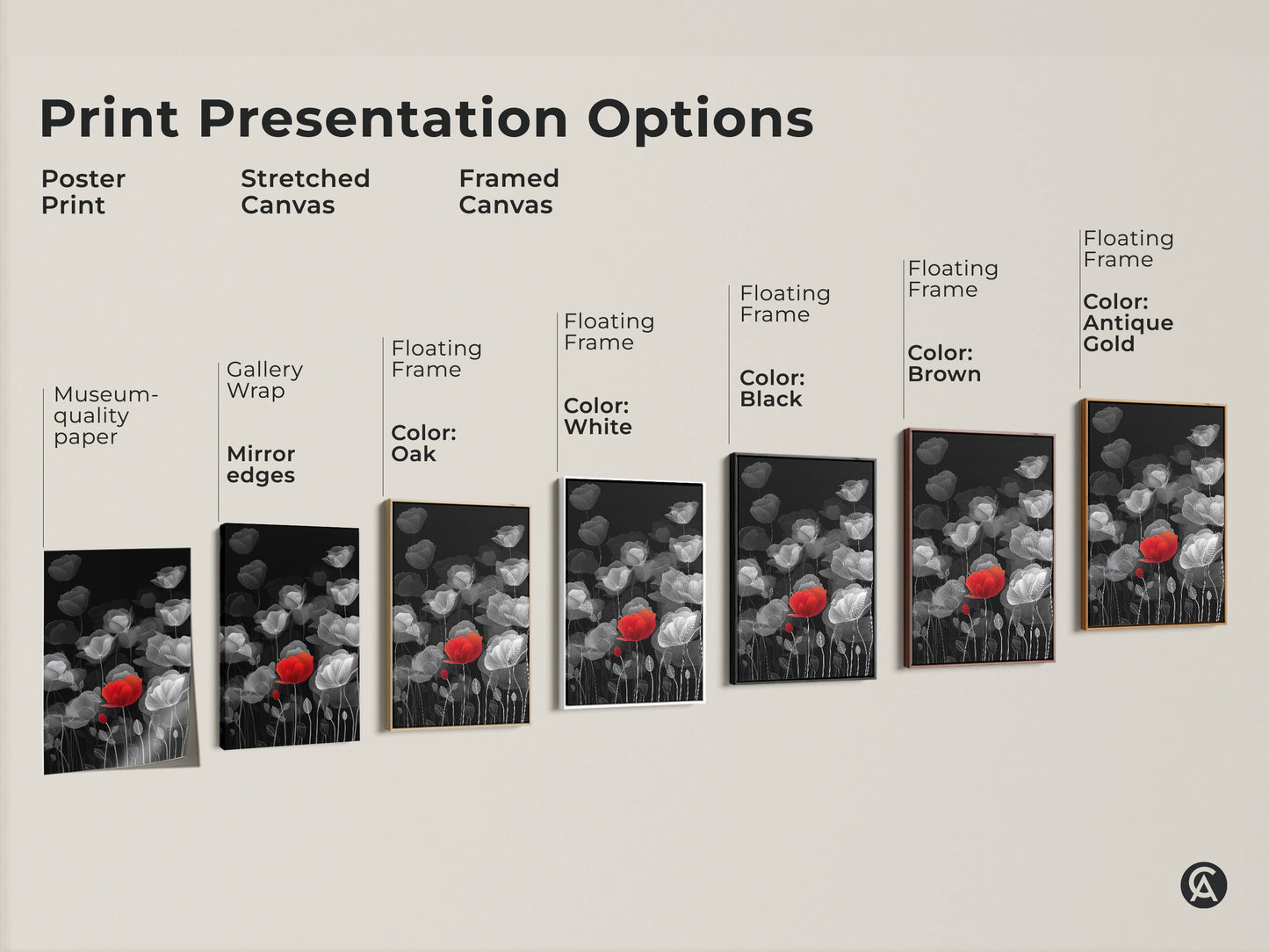 Explore print presentation options for modern botanical art. Choose from poster print stretched canvas or framed canvas. Options include gallery wrap museum-quality paper and floating frames. Frame colors are oak white black brown and antique gold. Find the perfect style for your red poppy line art canvas. Elevate your home decor with these fine art prints.