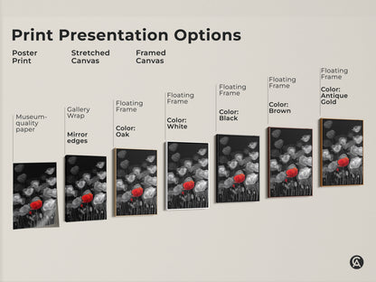 Explore print presentation options for modern botanical art. Choose from poster print stretched canvas or framed canvas. Options include gallery wrap museum-quality paper and floating frames. Frame colors are oak white black brown and antique gold. Find the perfect style for your red poppy line art canvas. Elevate your home decor with these fine art prints.