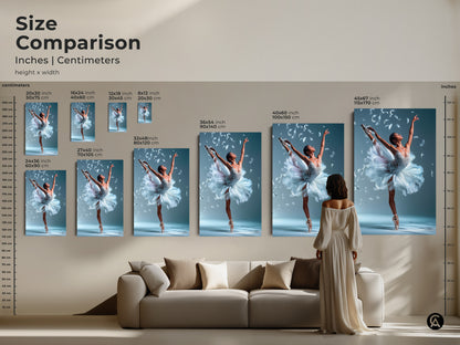 Size comparison of ballerina artwork. See the ballerina artwork in various sizes. It ranges from small to large. The ballerina in a white tutu is surrounded by feathers. Visualize how the art fits above a sofa.