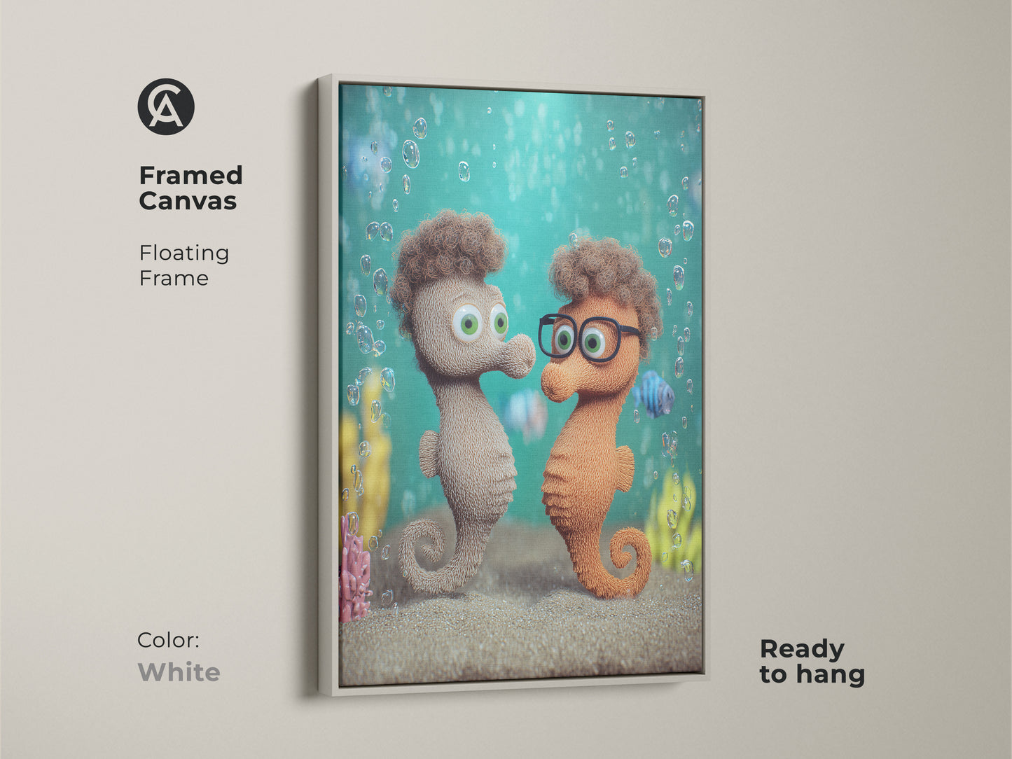 Framed Canvas features a cute seahorse couple art print. Cartoon animal nursery decor with a teal green bubble canvas is visible. This whimsical ocean theme artwork is ready to hang. The floating frame is white.