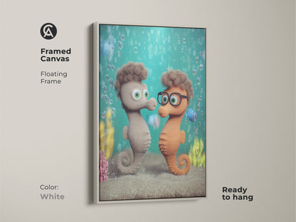 Framed Canvas features a cute seahorse couple art print. Cartoon animal nursery decor with a teal green bubble canvas is visible. This whimsical ocean theme artwork is ready to hang. The floating frame is white.