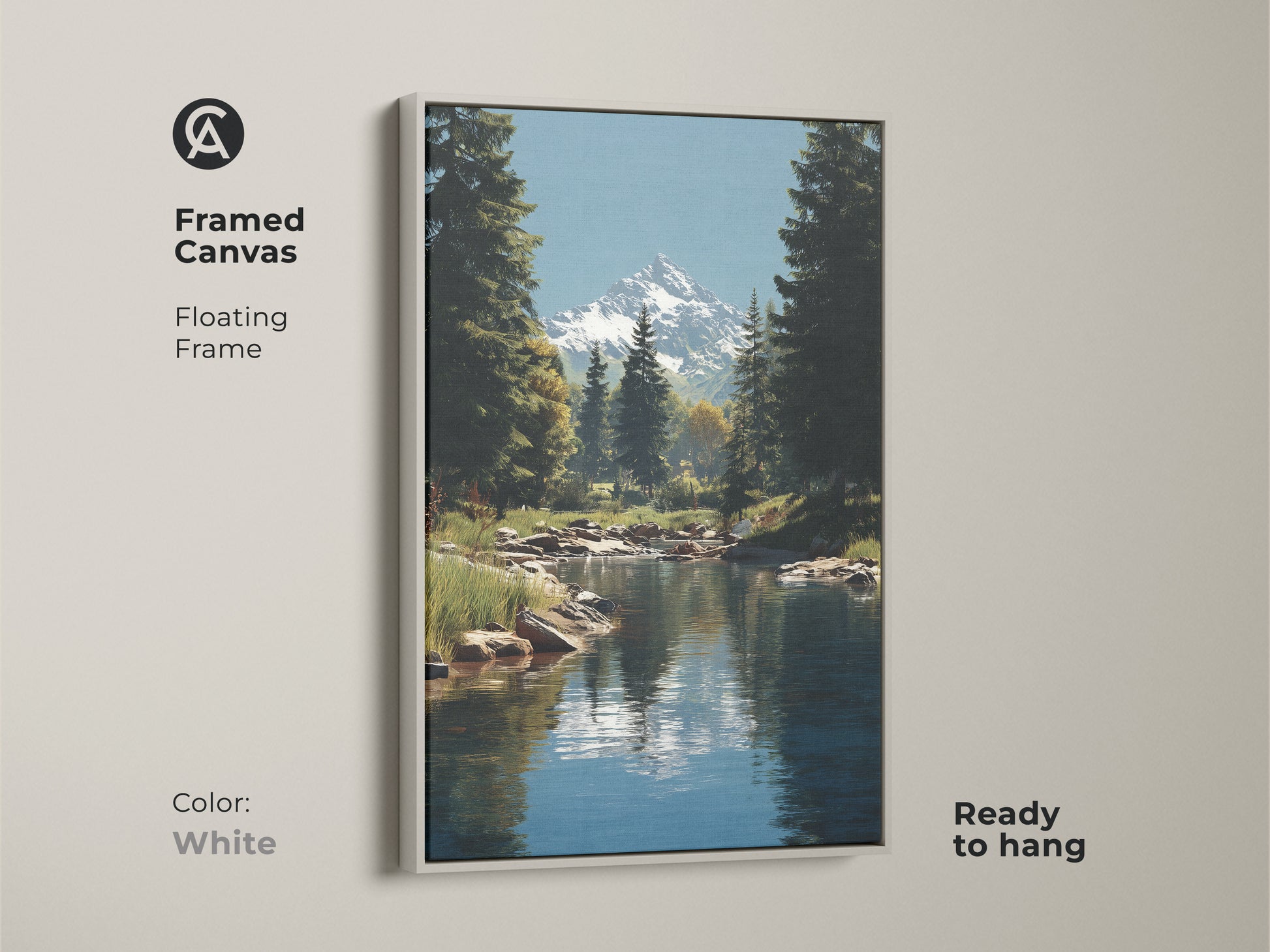 Framed canvas print in white showcasing a mountain river landscape with snowy peaks and forest pine trees. This ready-to-hang rustic nature artwork is perfect for complementing modern interiors. Its serene forest canvas enhances any room.