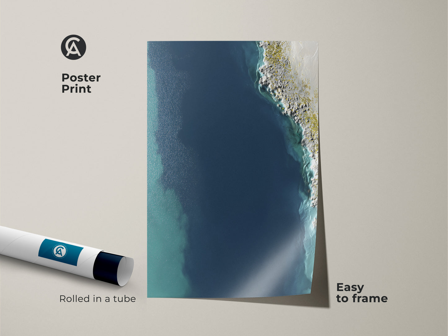 Poster Print of Coastal Minimalist Wall Art. Rolled in a tube for easy framing this abstract aerial ocean artwork showcases a deep blue shoreline. Perfect for modern beach house decor add an aqua teal ocean print to your home.