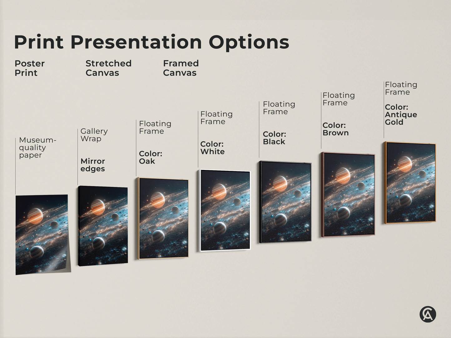 Explore print presentation options for space art featuring planets and cosmic dust. Choose from poster stretched canvas or framed canvas. Each option enhances the beauty of this planet art. Find the perfect style for your home.