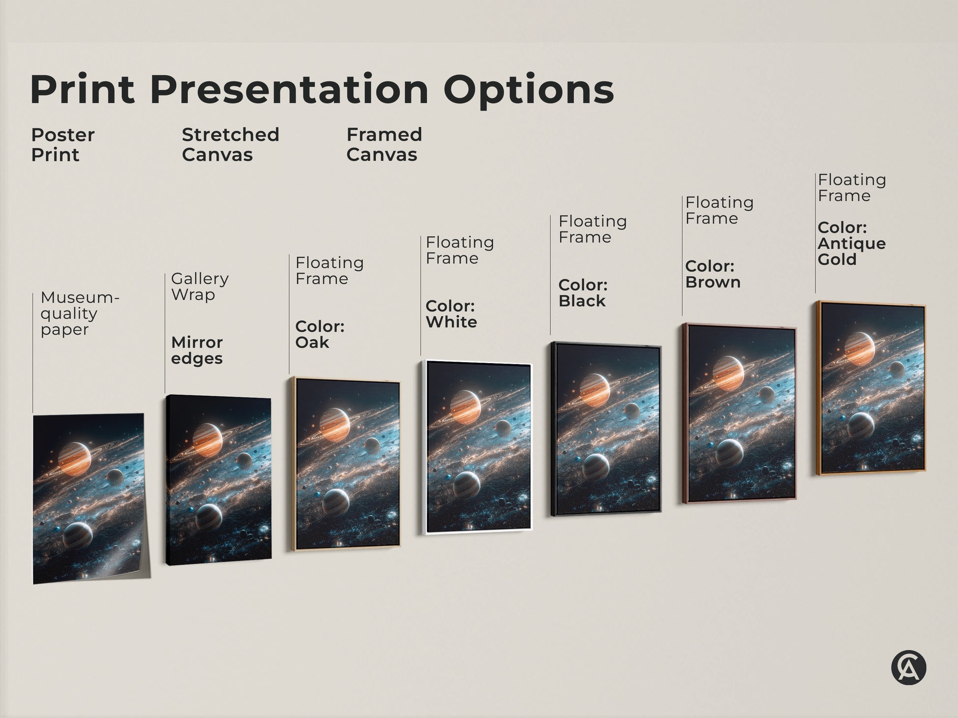 Explore print presentation options for space art featuring planets and cosmic dust. Choose from poster stretched canvas or framed canvas. Each option enhances the beauty of this planet art. Find the perfect style for your home.