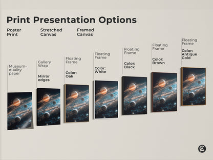 Explore print presentation options for space art featuring planets and cosmic dust. Choose from poster stretched canvas or framed canvas. Each option enhances the beauty of this planet art. Find the perfect style for your home.