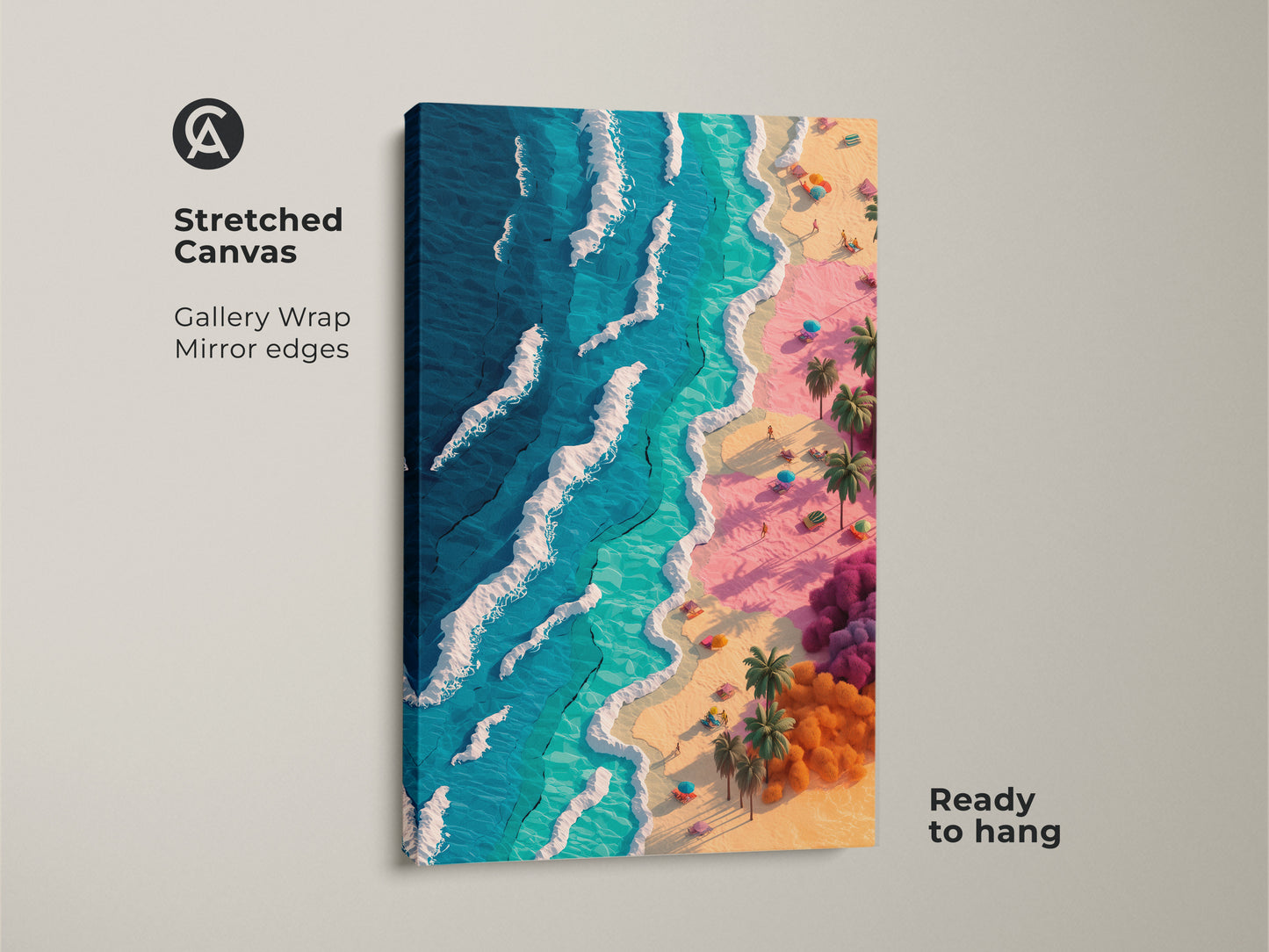 Stretched canvas beach artwork. The gallery wrapped canvas features mirror edges. The artwork depicts a vibrant tropical beach scene. The art is ready to hang and enjoy in your space.